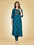 Jyoti Fashion Women's Teal Viscose Rayon Embroidered Kurta Pant Set | Grocsy