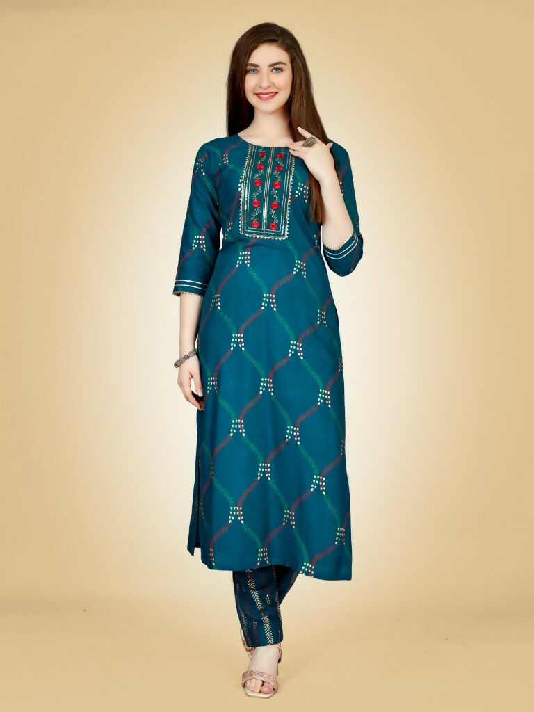 Jyoti Fashion Women's Teal Viscose Rayon Embroidered Kurta Pant Set | Grocsy
