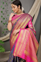 Jyoti Fashion Women's Navy Blue Kanjivaram Silk Zari Woven Saree with Blouse | Grocsy