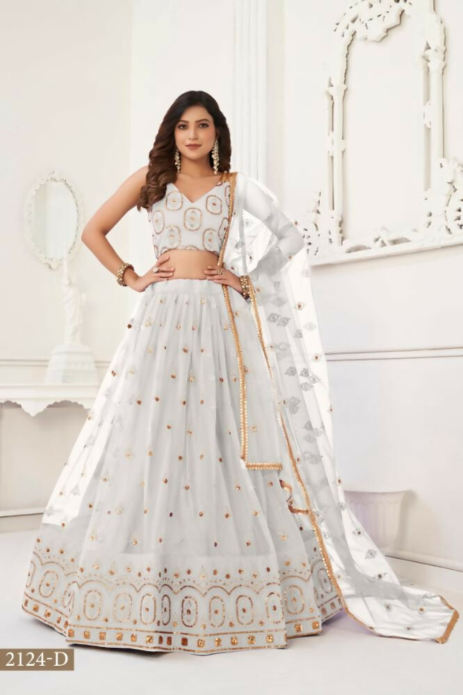 Aastha Fashion Off White Butterfly Net Tone To Tone Thread Work And Sandwich Sequence Work Embroidery Wedding Wear Lehenga Choli | Grocsy