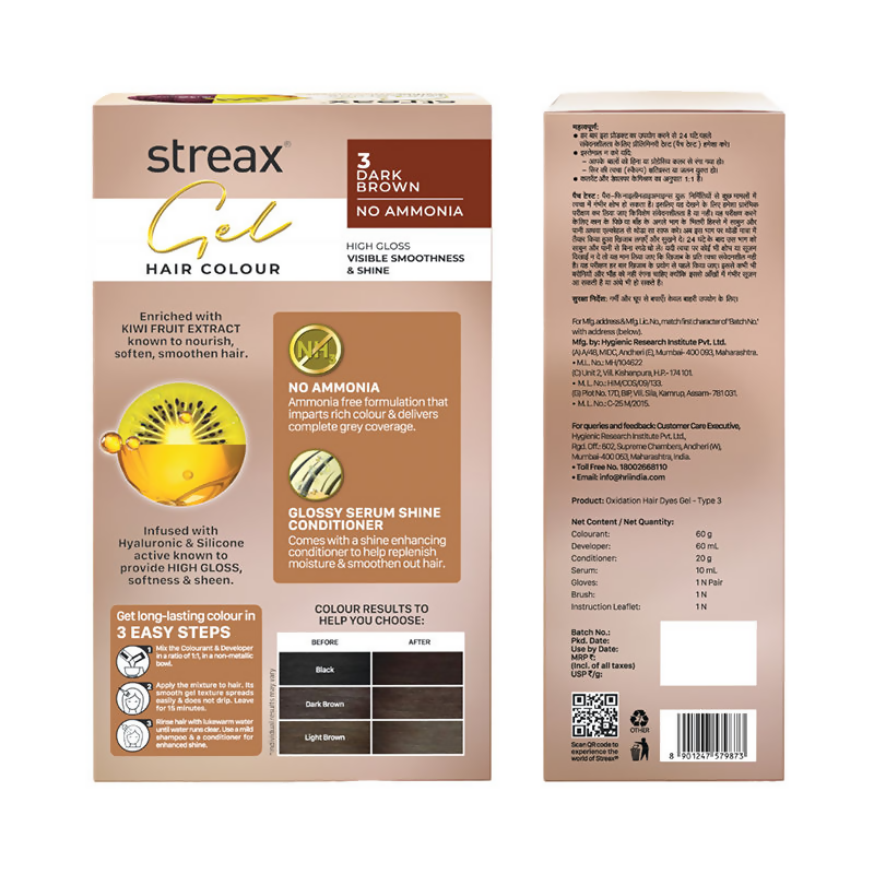 Streax Gel No Ammonia 100% Grey Coverage Hair Color - Dark Brown 3 | Grocsy
