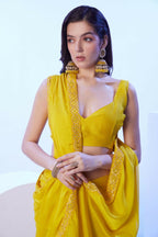 Yellow Moss Solid Designer & Lace Work Saree - Samaa | Grocsy