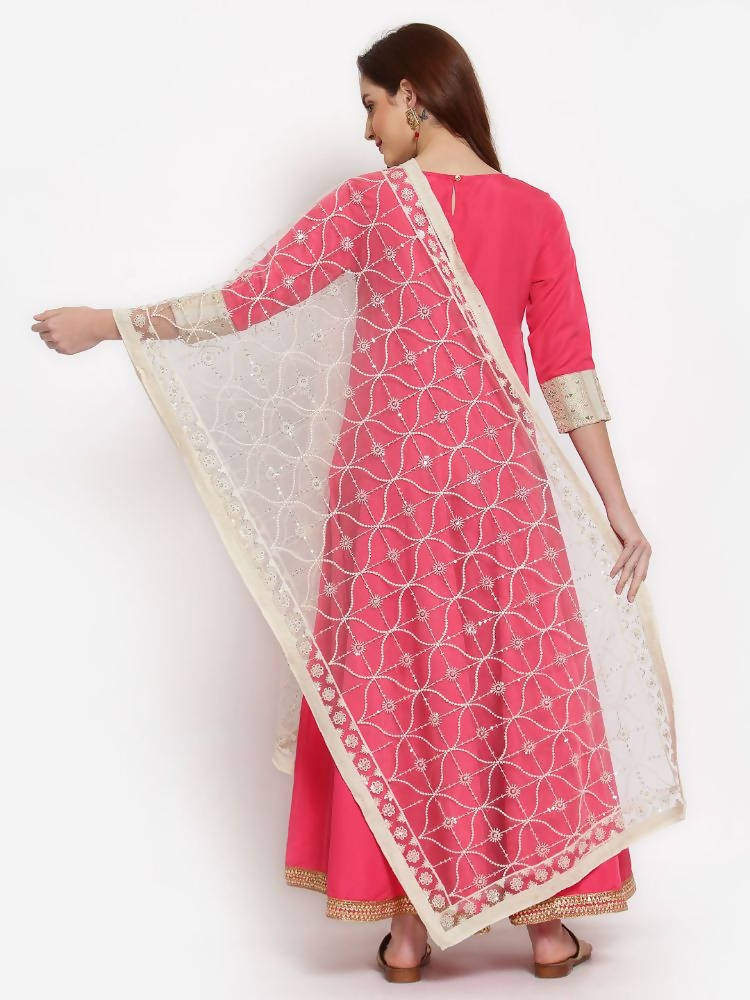 Myshka Women's Pink Solid Rayon 3/4 Sleeve Round Neck Casual Anarkali Kurta Dupatta Set | Grocsy