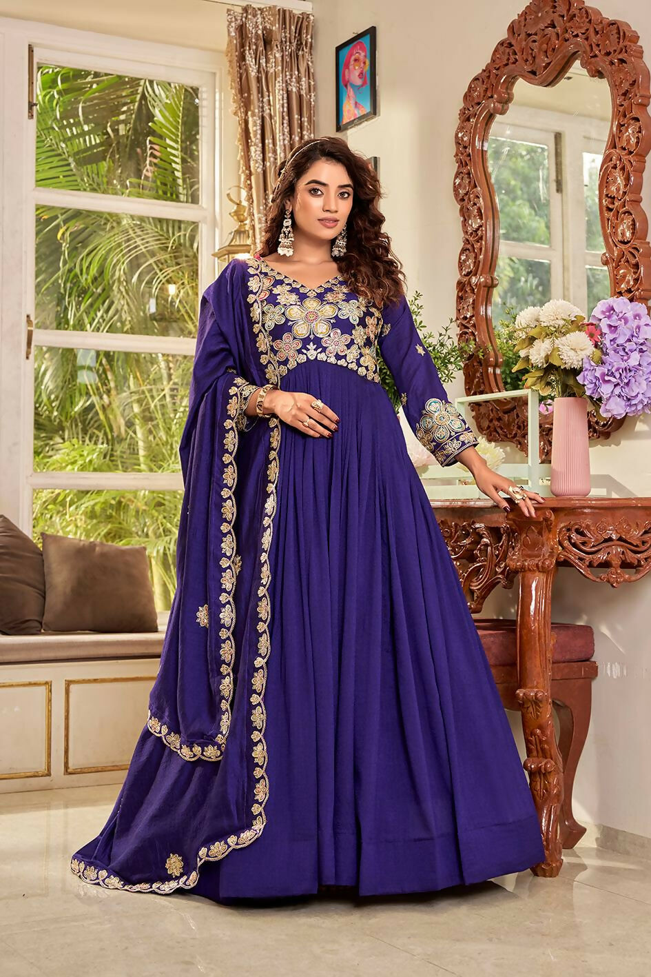 Teeya Creation Womens Casual Party Wear Heavy 5mm Sequence Embroidery Work Purple Gown Set | Grocsy