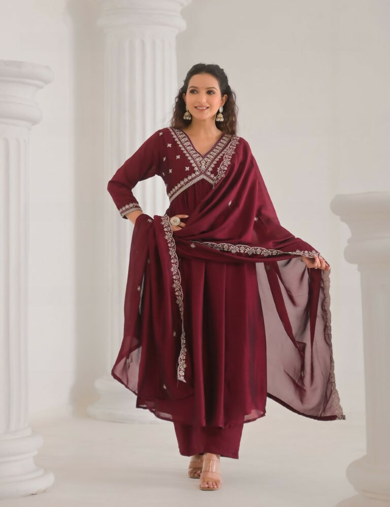 Ethnic Festive Wear Vichitra Silk Wine Stitched Suit With Dupatta - Tanisha | Grocsy