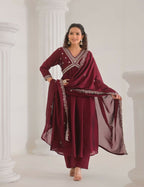 Ethnic Festive Wear Vichitra Silk Wine Stitched Suit With Dupatta - Tanisha | Grocsy
