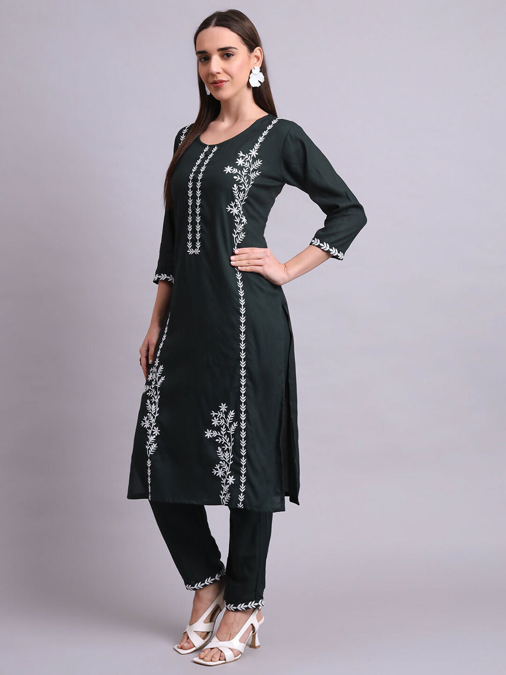 Joban Fashion Green Cotton & Embroidery Work Kurta With Trousers Set | Grocsy
