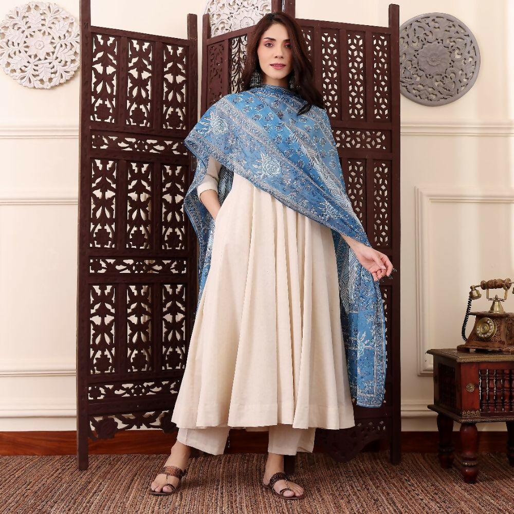 The52 Women's Beautiful Solid Chanderi Silk Fabric Flared Anarkali Pant and Dupatta Set | Grocsy