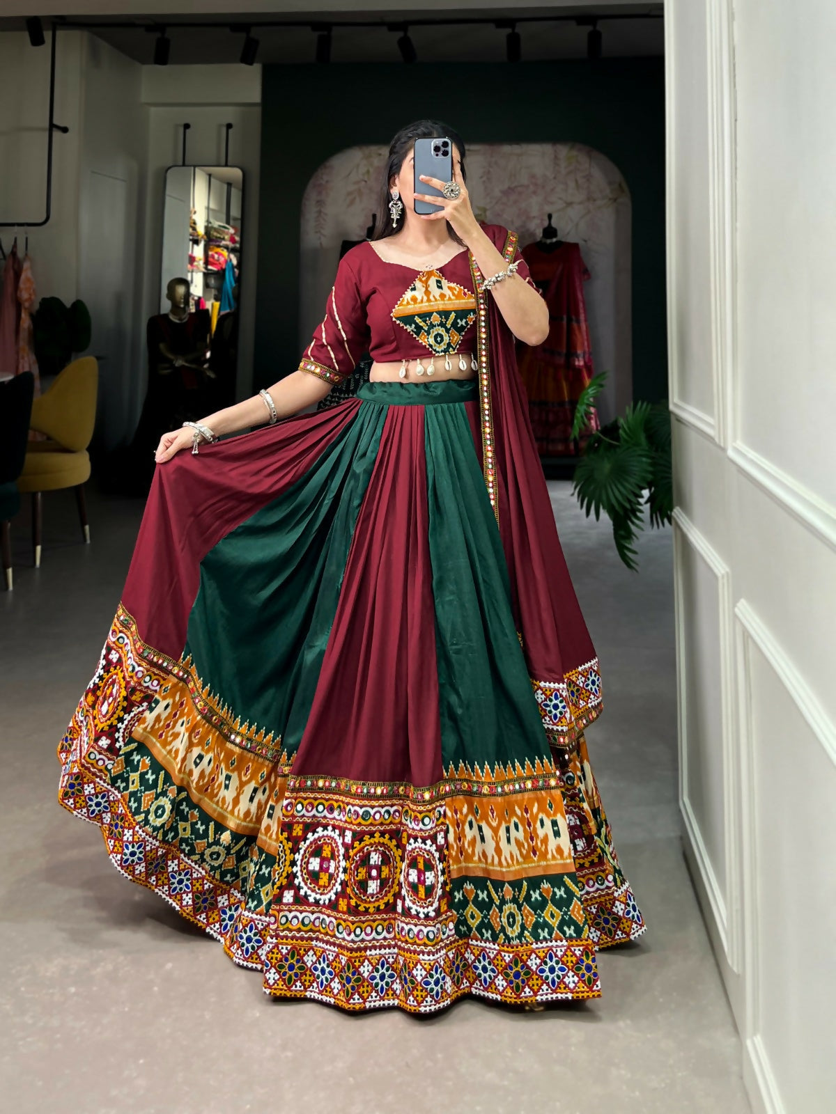 Vastranavya Navaratri Special Rayon with Printed Patch With Gota Patti And Paper Mirror Work And Cowrie (Kodi) Lace Touch Up Lehenga with Stitched Blouse - Maroon | Grocsy