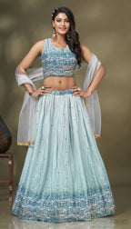 Blue Chinon Crush Mirror Foil work Lehenga Choli with Dupatta - Aakriti | Grocsy
