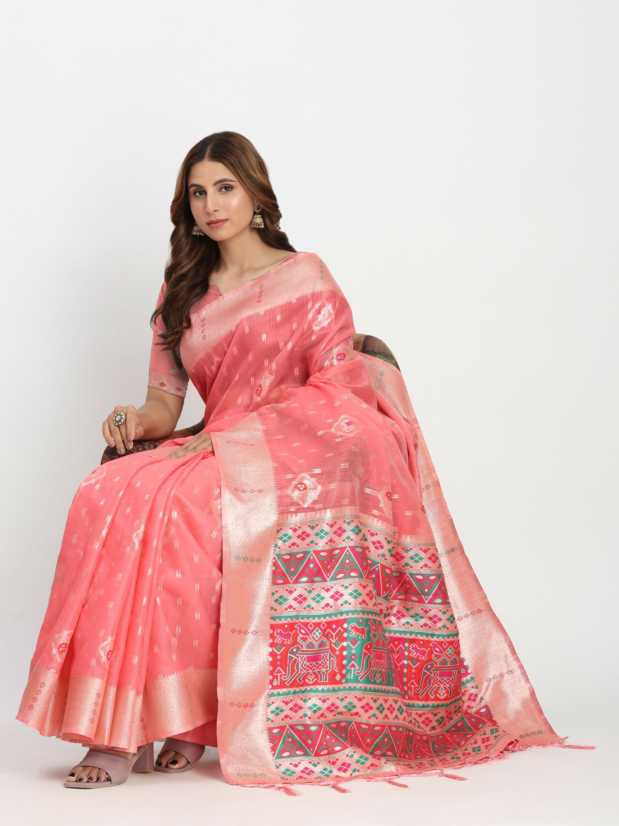 Shree Shyam Fashion Linen Cotton Peach Saree | Grocsy