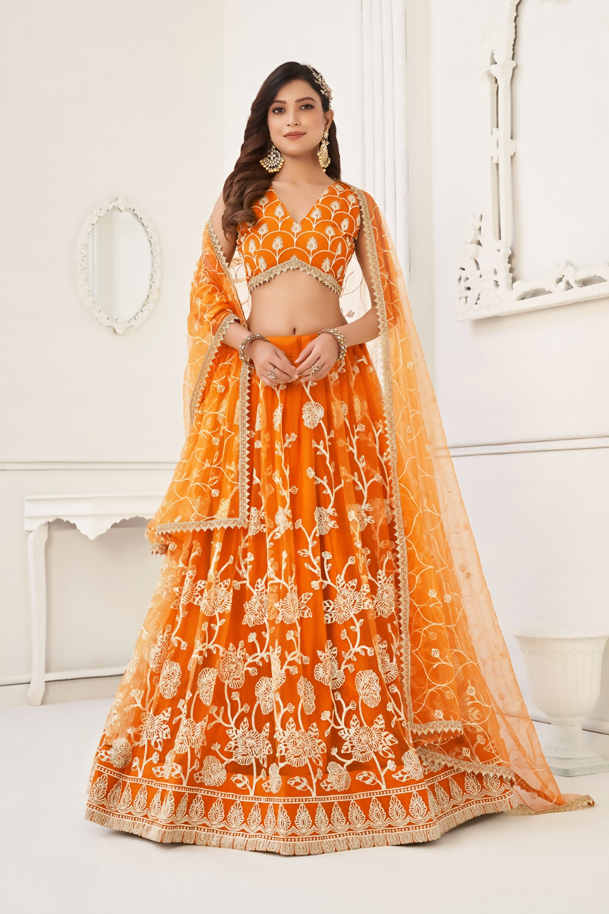 Eilara Women'S Orange Butterfly Net With Sequins And Embroidery Work Lehenga Choli For Wedding | Grocsy