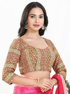 Joban Fashion Pink Multi Silk Padded Blouse With Sweetheart Neck 3/4 Sleeves | Grocsy