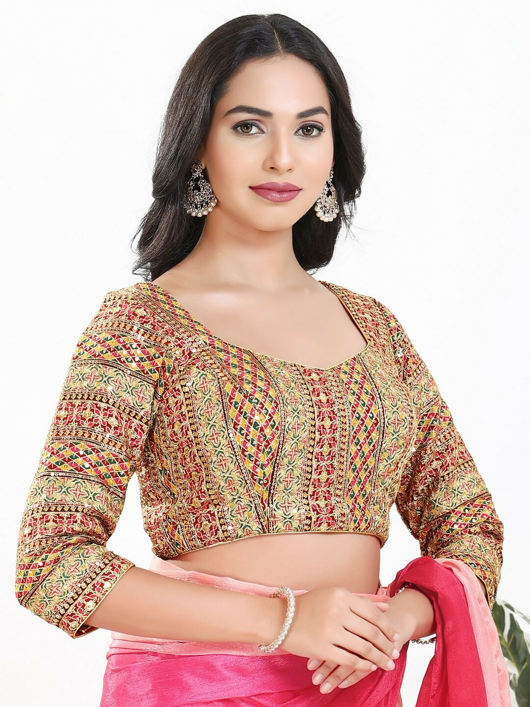Joban Fashion Pink Multi Silk Padded Blouse With Sweetheart Neck 3/4 Sleeves | Grocsy
