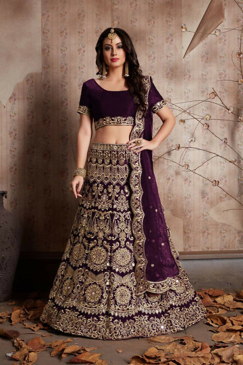 Jyoti Fashion Mesmerizing Wine Sequins Embroidered Velvet Lehenga Choli with Dupatta | Grocsy