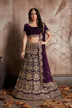 Jyoti Fashion Mesmerizing Wine Sequins Embroidered Velvet Lehenga Choli with Dupatta | Grocsy