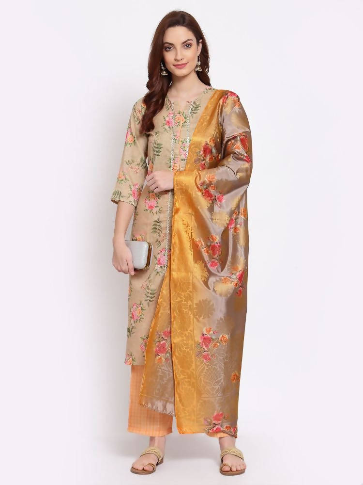 Myshka Women's Multi Solid Cotton Blend 3/4 Sleeve Round Neck Casual Kurta Pant Dupatta Set | Grocsy