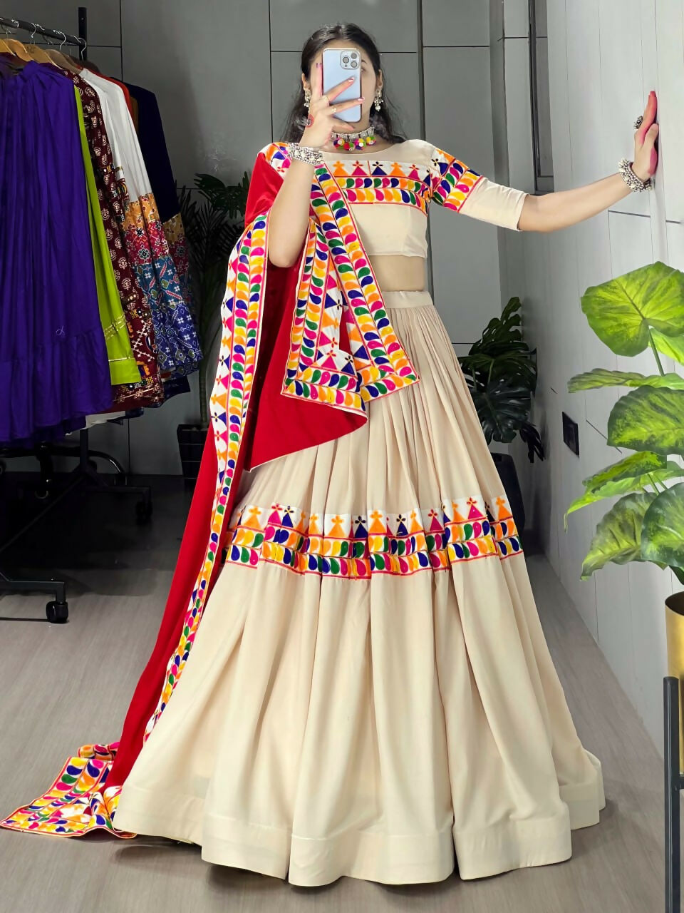 Yash Enterprise Cream Rayon Cotton Embroidery Semi Stitched Navratri Top Chaniya Choli | Grocsy