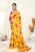 Yellow Georgette Floral Printed Saree With Unstitched Blouse Piece - Jyoti | Grocsy