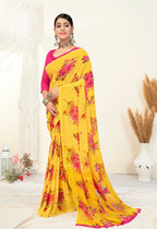 Yellow Georgette Floral Printed Saree With Unstitched Blouse Piece - Jyoti | Grocsy