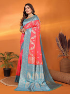 Joban Fashion Banarasi Tomato Red Woven Soft Silk Saree | Grocsy