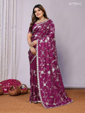 Purple Pure Satin Embroidered Saree With Stitched Blouse - Nimaya Kaksha | Grocsy