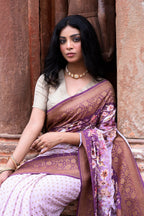 Joban Fashion Dark And Light Lilac Crepe Chiffon Pure Handloom Banarasi Silk Saree | Grocsy