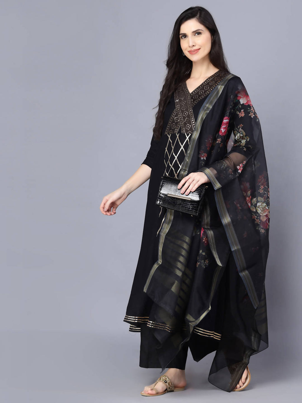 Myshka Women Black Printed Kurta with Dupatta | Grocsy