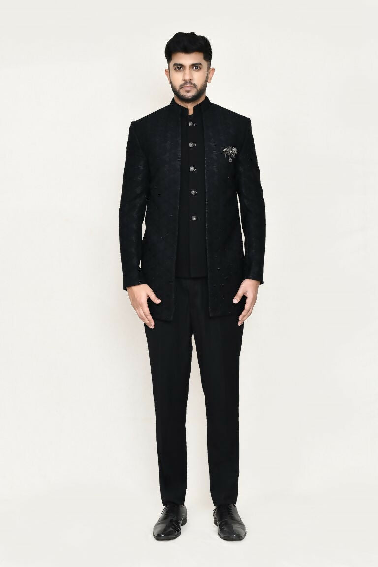 Joban Fashion Black Colored Imported Jacquard Fabric Open Prince Coat, Jacket With Pant | Grocsy