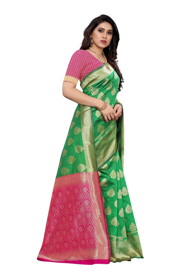Vamika Banarasi Jacquard Weaving Green Saree (Dangal Green) | Grocsy