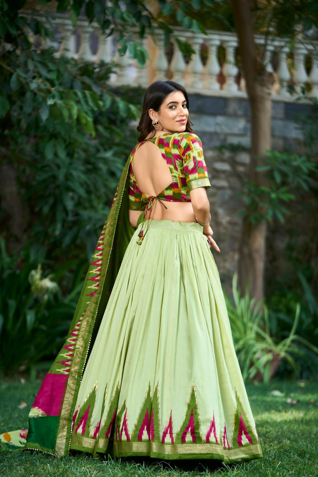 Vastranavya Luxurious Tussar Silk Print With Foil Work Lehenga Choli - Pista | Grocsy