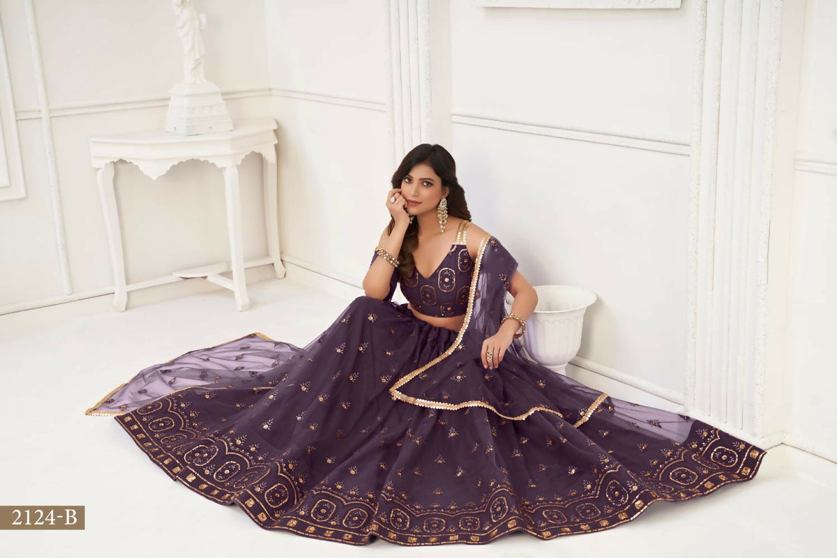 Aastha Fashion Dusty Wine Butterfly Net Tone To Tone Thread Work And Sandwich Sequence Work Embroidery Wedding Wear Lehenga Choli | Grocsy