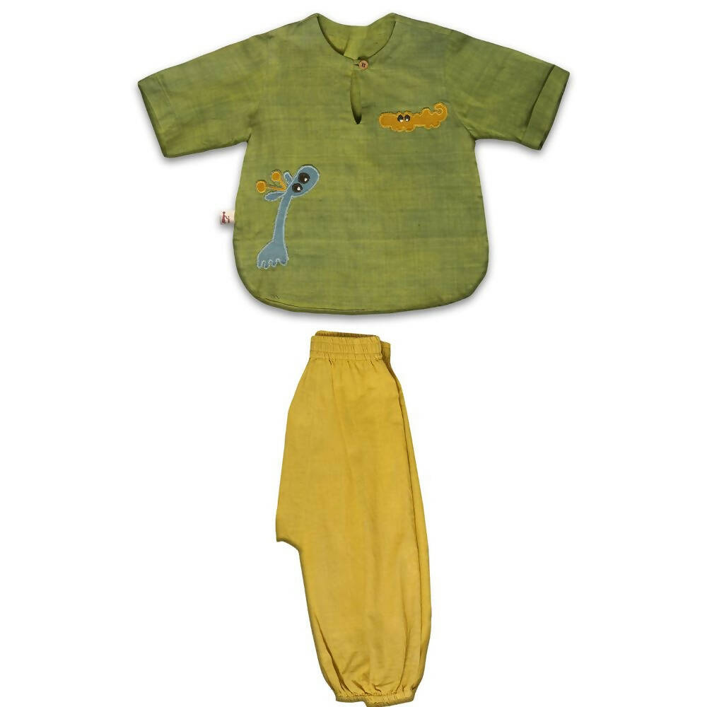 Mhyssa Tick Tock Round Neck Half Sleeve Green T-shirt With Full Length Yellow Pant Set For Kids | Grocsy