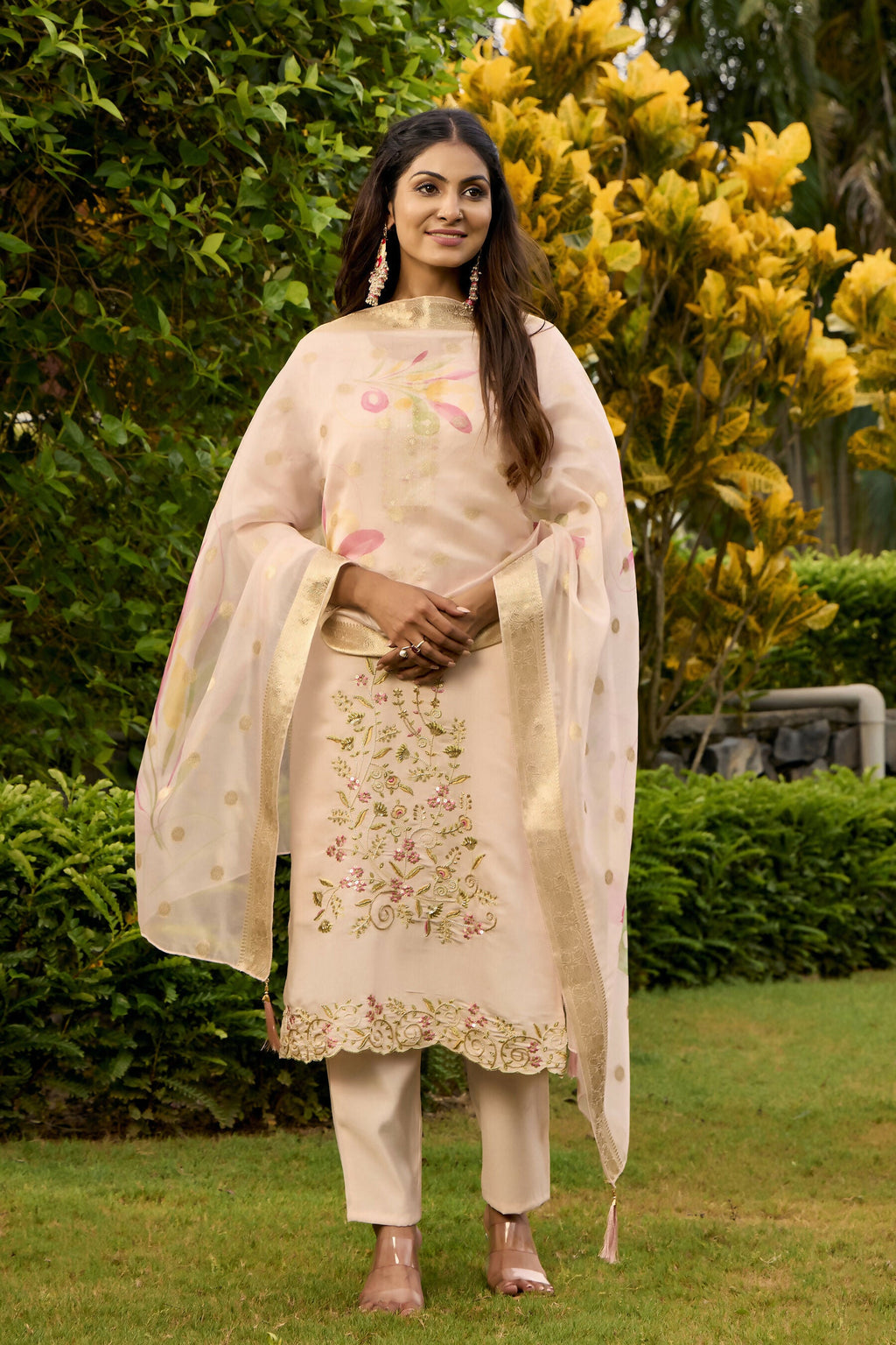 The52 Women's Beautiful Embroidery Work Roman Fabric Straight Kurta Pant and Dupatta Set | Grocsy