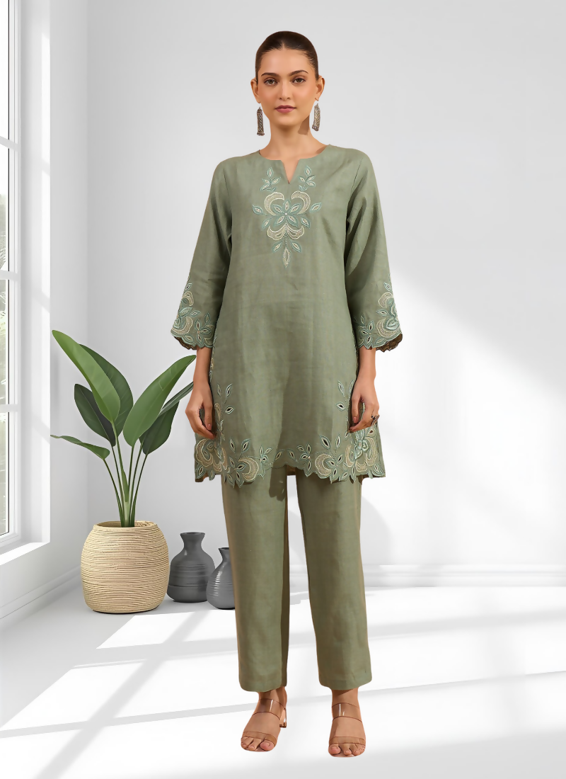 Joban Fashion Pista Green Linen Embroidered Readymade Cord Set | Grocsy