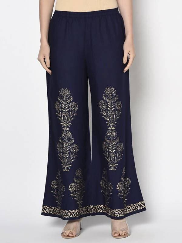 Aniyah Rayon Navy Blue Color Gold Print Flared Slip-On Palazzo (AN-193K) | Grocsy