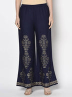Aniyah Rayon Navy Blue Color Gold Print Flared Slip-On Palazzo (AN-193K) | Grocsy