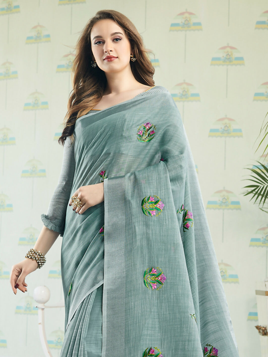 Shree Shyam Fashion Linen Sea Green Saree | Grocsy