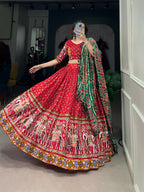 Vastranavya Navaratri Special Dola Silk Patola Print With Gamthi Work Lace Border Lehenga with Stitched Blouse - Red | Grocsy