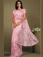 Pink Crepe Lycra Sequence Embroidered Saree With Stitched Blouse - Mohmanthan La Belle | Grocsy