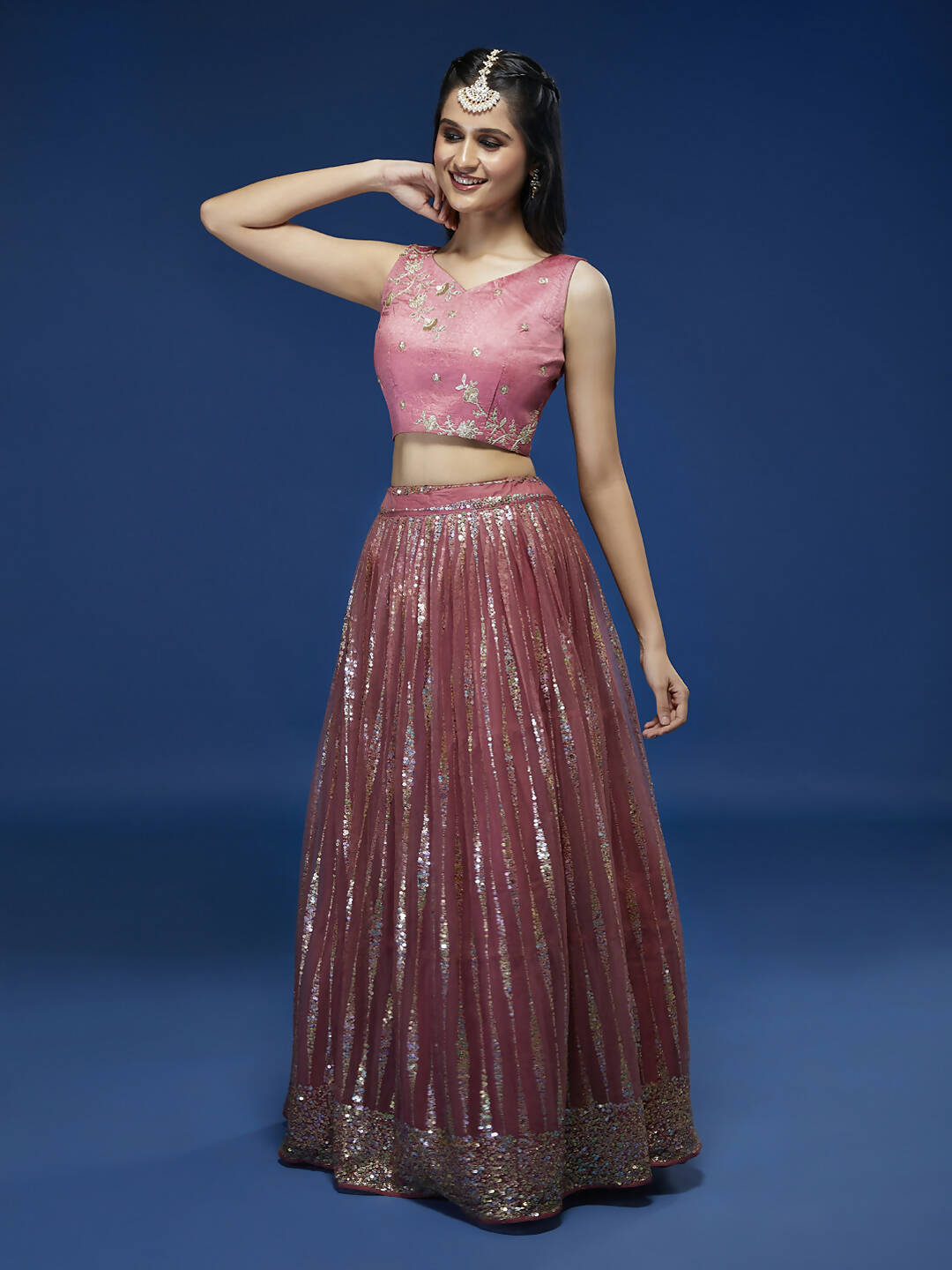 House of Panchhi Rose Gold Net Sequinse Work Lehenga & Blouse, Dupatta | Grocsy