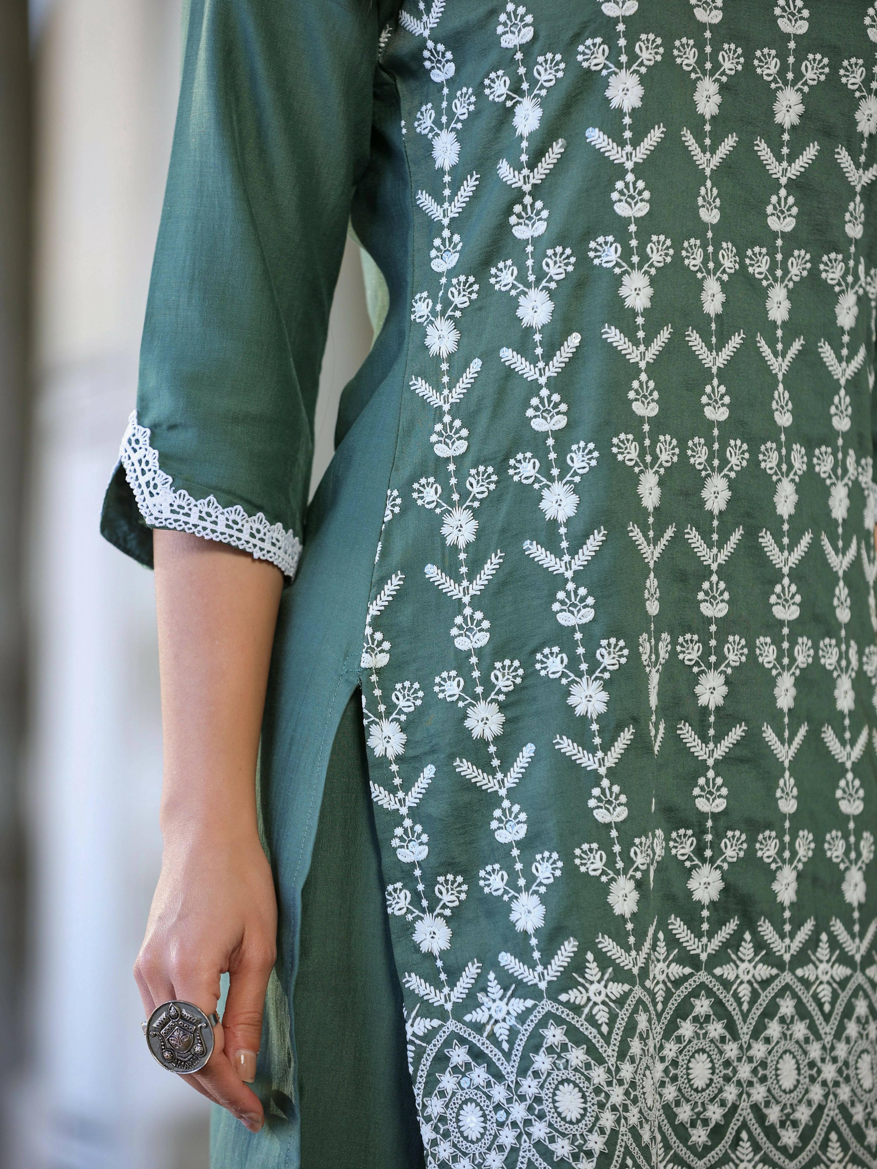 Juniper Women's Green Chinnon Embroidered Kurta Garara Set | Grocsy