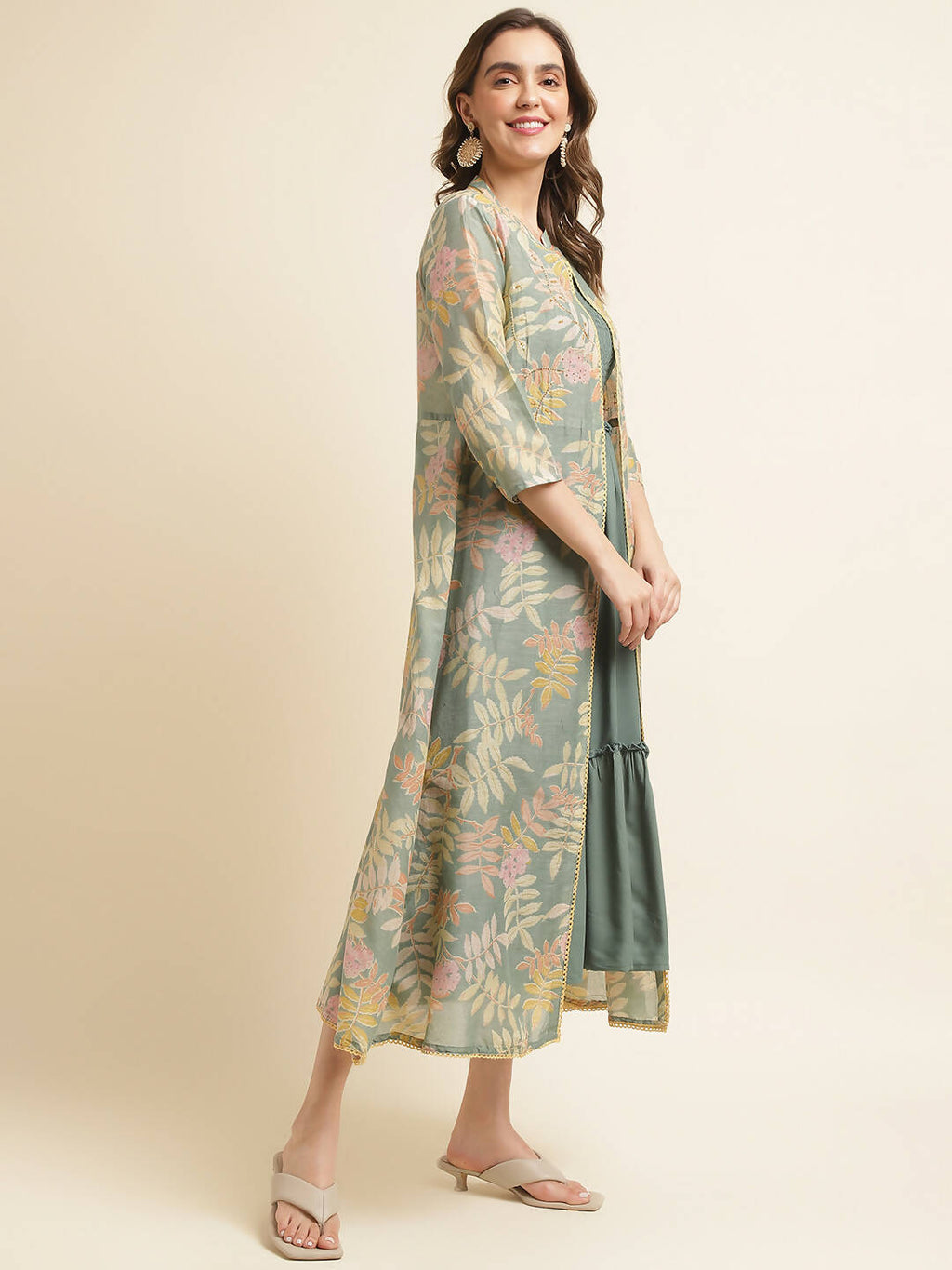 Green Cotton Solid Flared Dress with Printed Shrug - Yukti | Grocsy