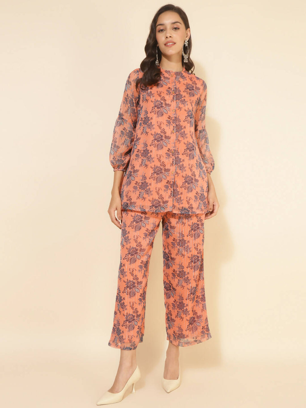 Janasya Women's Peach Chiffon Lurex Floral Printed Festive Regular Co-ords | Grocsy