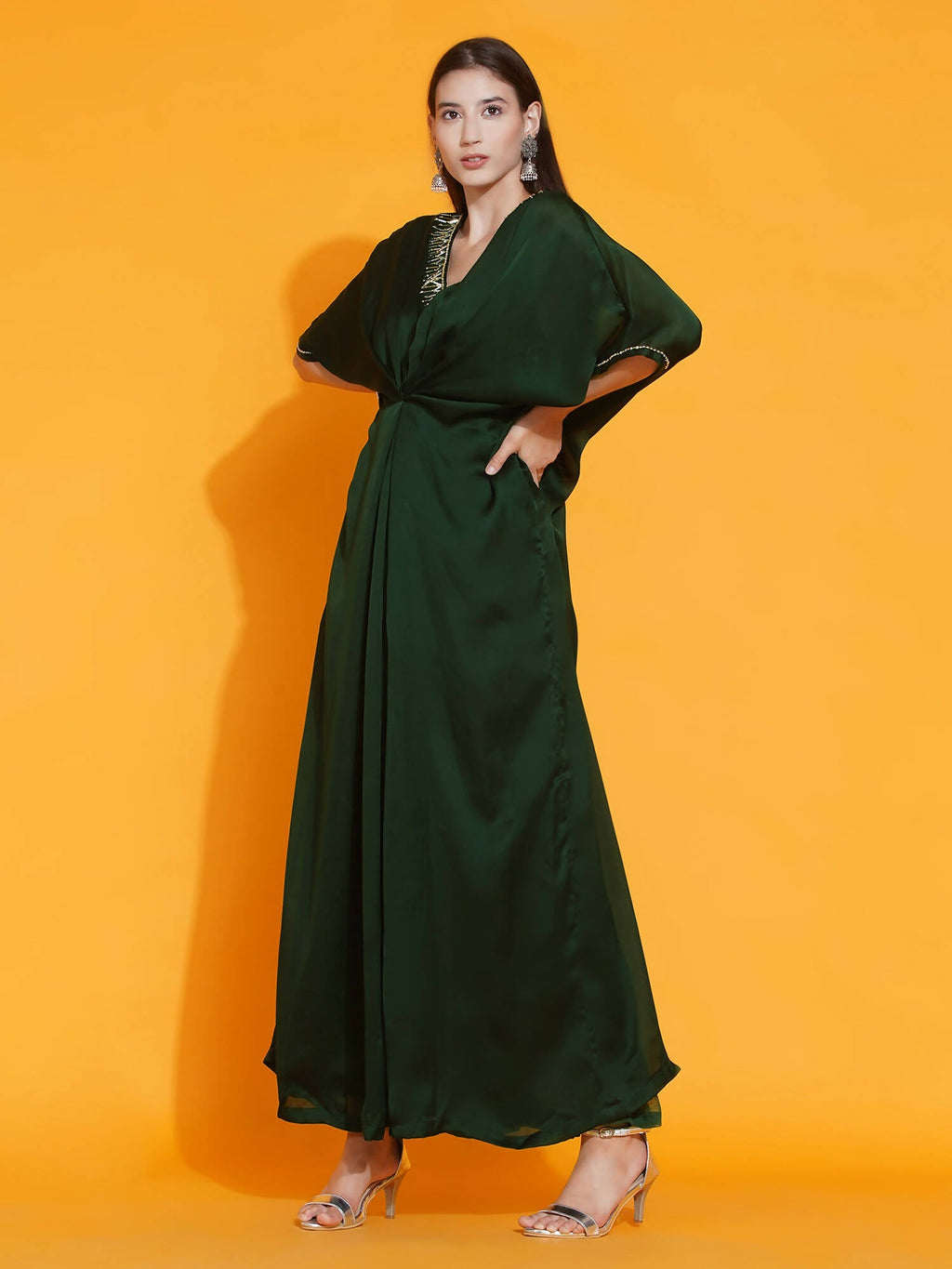 Women Republic Green Georgette Hand Embellished Kaftan Style Gown | Grocsy
