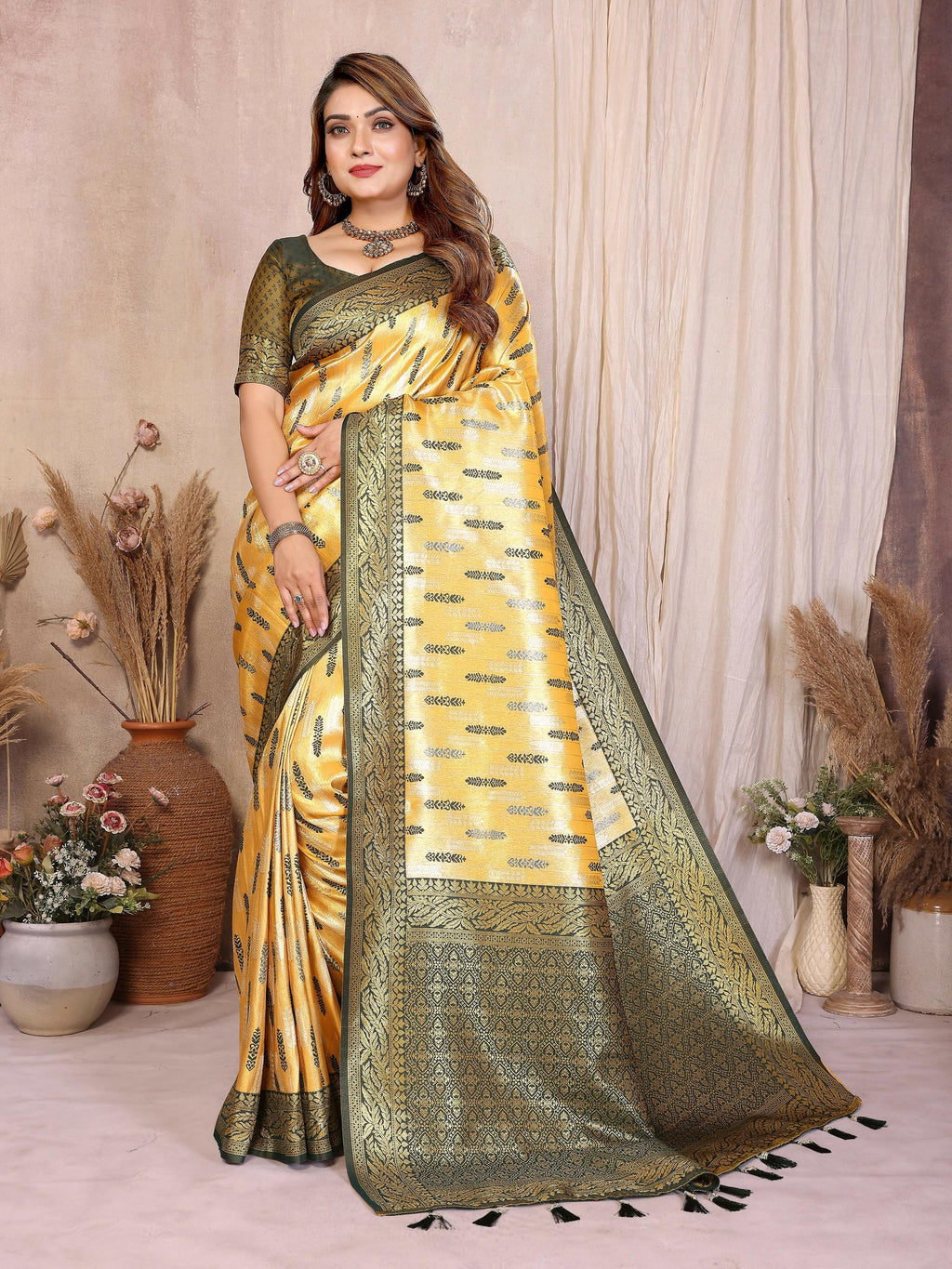 Aastha Fashion Yellow Tissue Silk Paithani Woven Saree | Grocsy