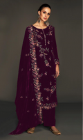 Anaita Purple Pure Velvet Stitched Suit with Heavy Embroidery Sequence Work | Grocsy
