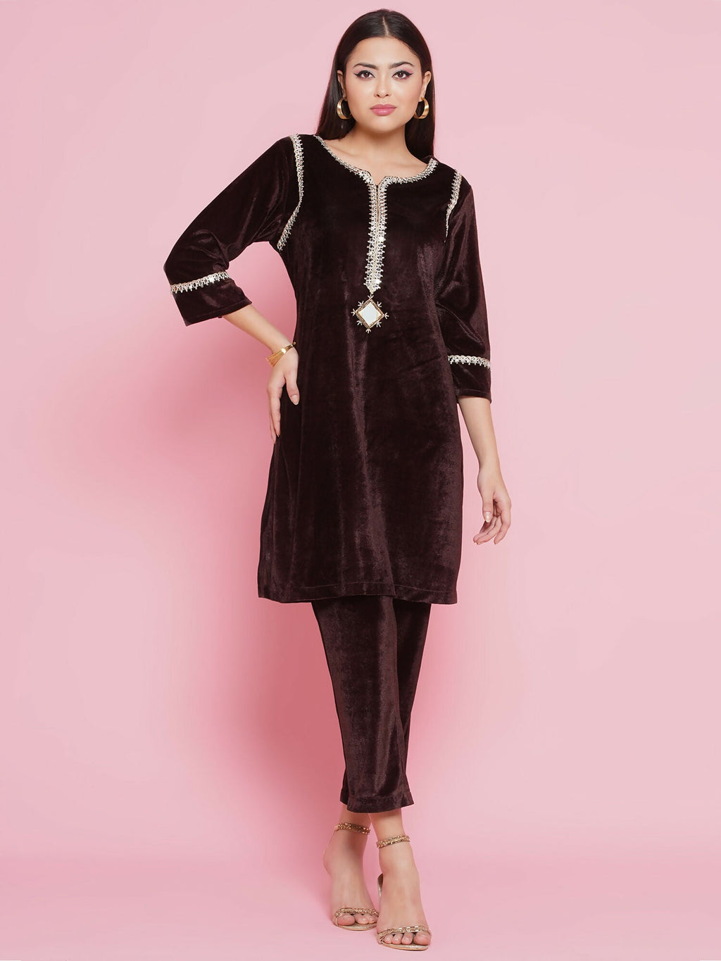 Joban Fashion Brown Mirrior Work Velvet Coord Set | Grocsy