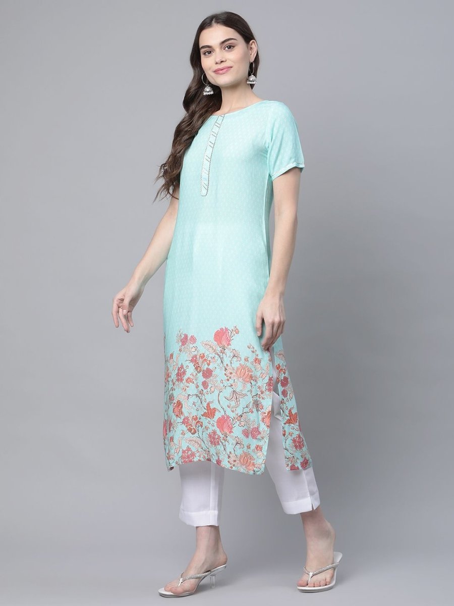 Ahalyaa Women Sky Blue Rayon Printed Kurta Pant Set | Grocsy