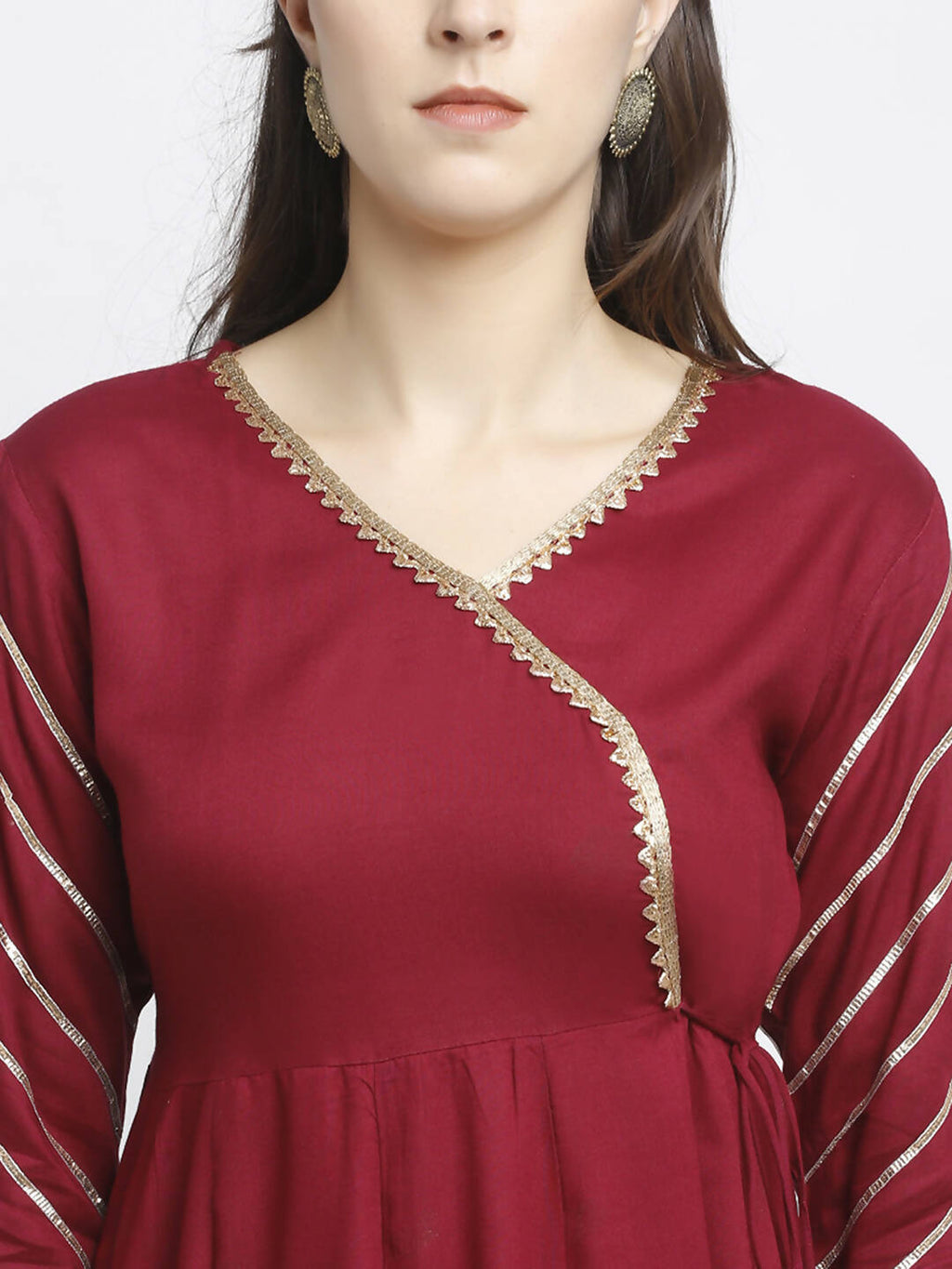 Rudra Bazaar Wine Angrakha Style Flared Anarkali Kurta with Pyjamas & Dupatta | Grocsy